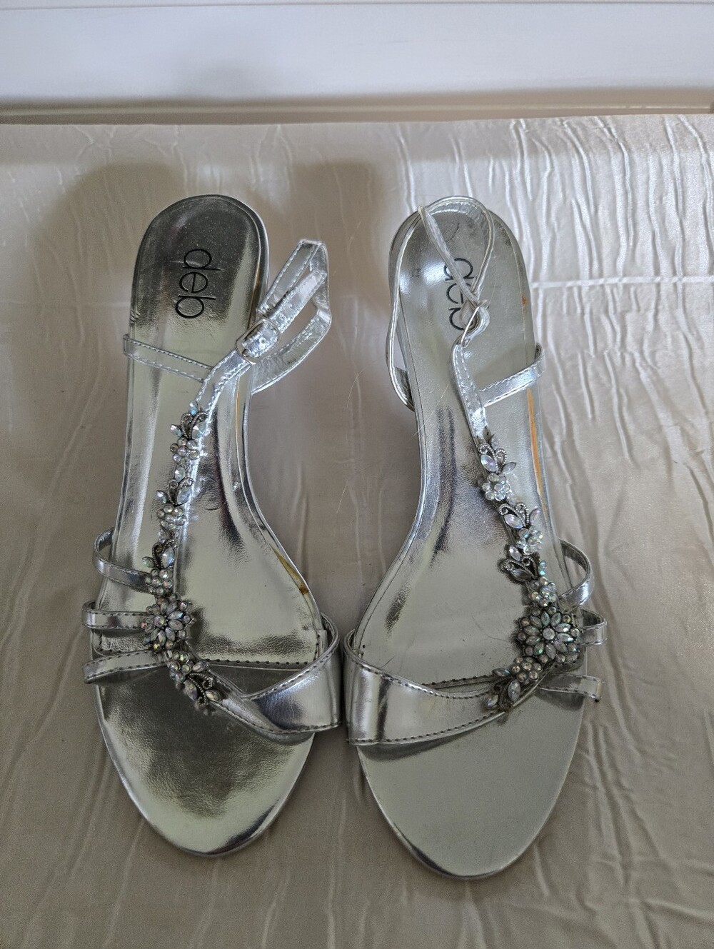 Deb Silver Jeweled T-Strap Heels